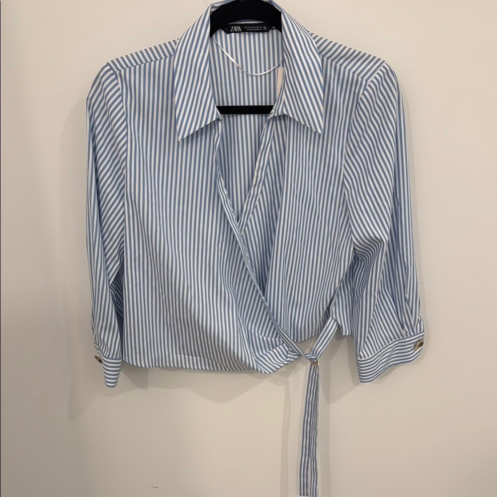 Zara Blue and White Striped Blouse